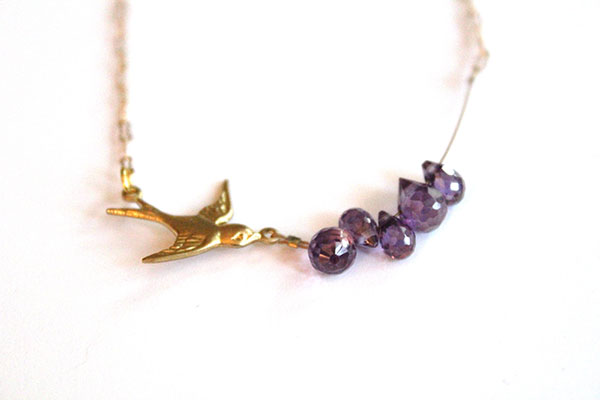 bird necklace handmade purple teardrop